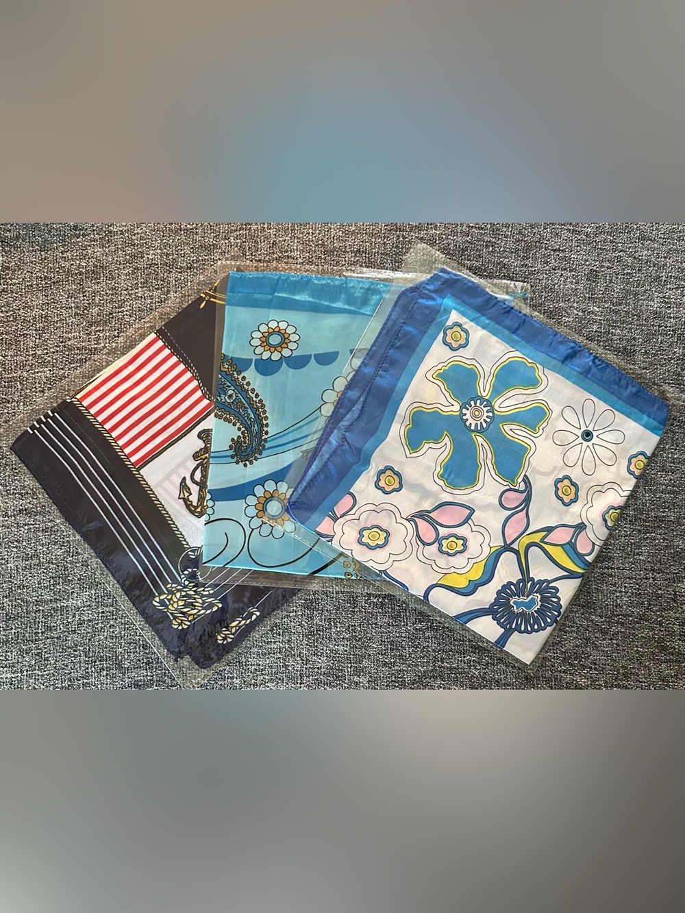 Set of 3 silky scarves • Brand New in Package • scarf • bag tie • 20 1/2” square